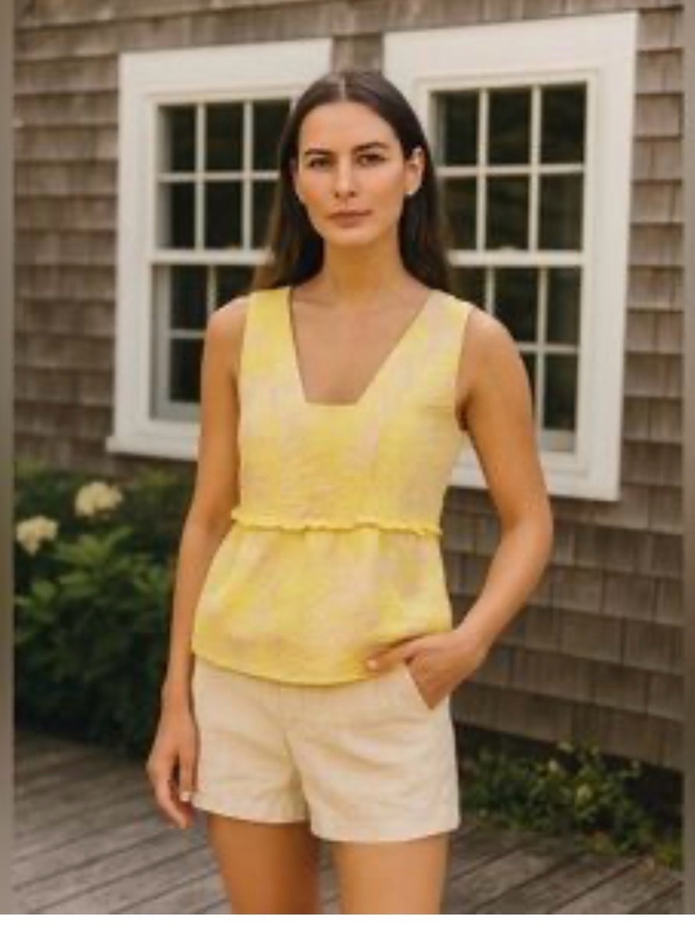 Tuckernuck Jacquard Yellow Sleeveless Peplum Top XS